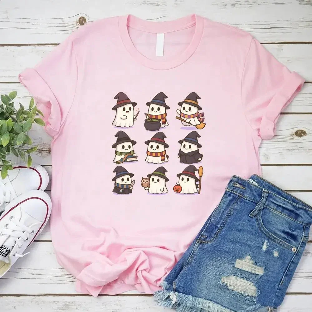 Pink Halloween T-shirt with witch ghost cartoon character print, crew neck