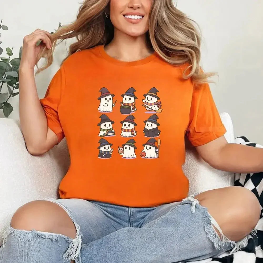 Orange Halloween T-shirt with cute witch ghost character print front
