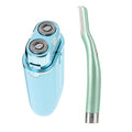 Electric facial hair shaver and dermaplaning tool, blue and mint with metal head
