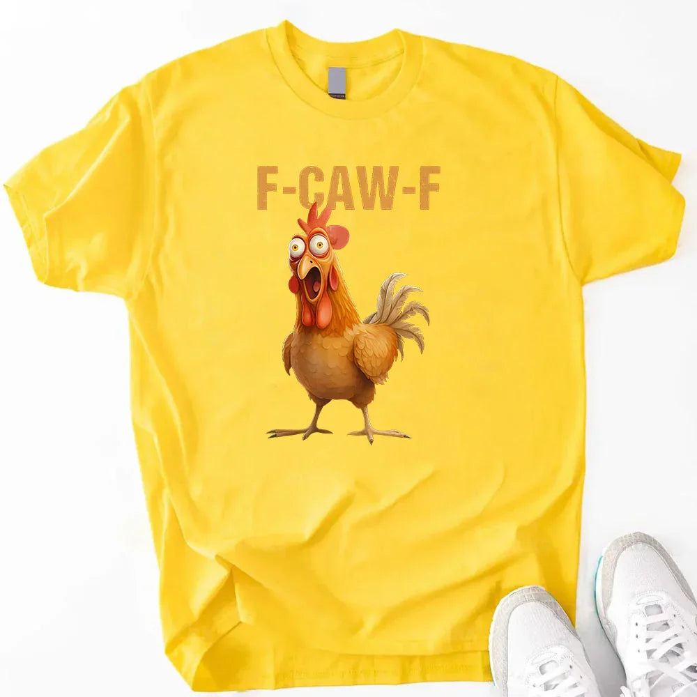 Yellow unisex T-shirt with F-CAW-F text above a rooster cartoon graphic