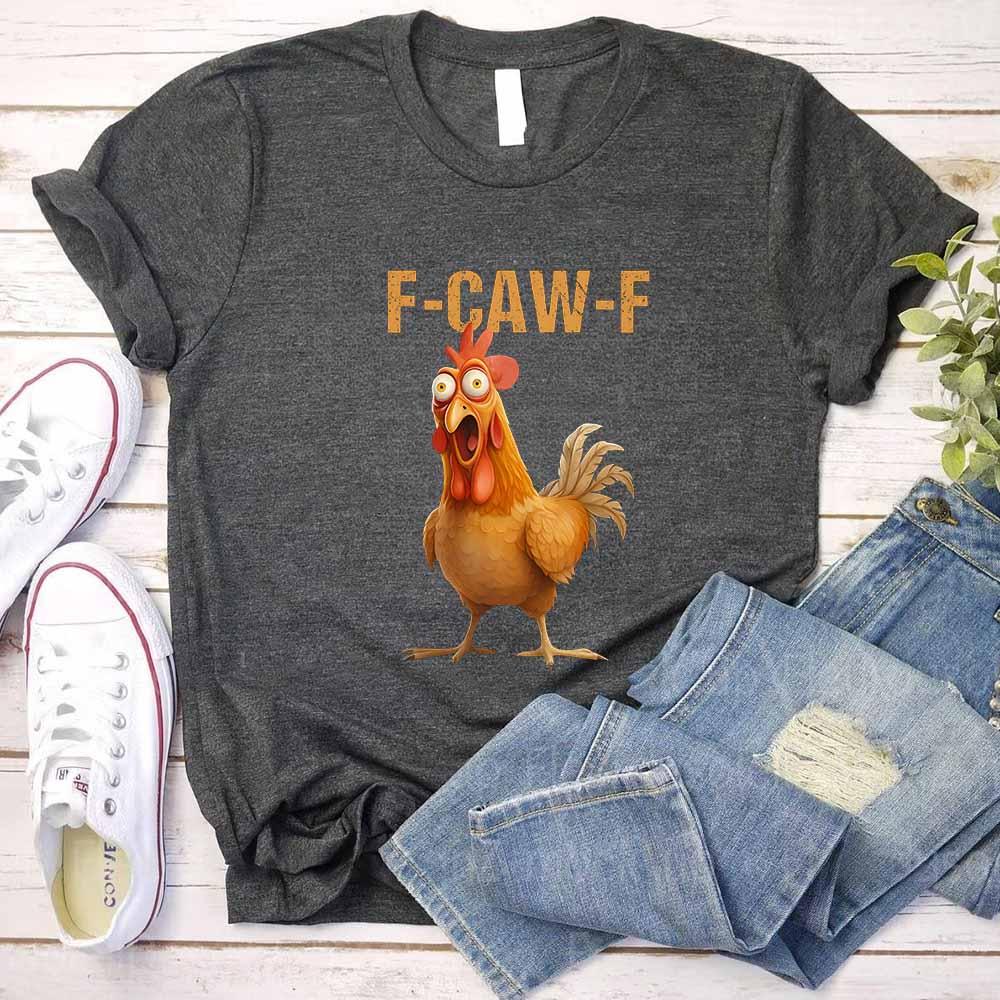 Dark heather unisex T-shirt with F-CAW-F text and rooster illustration centered