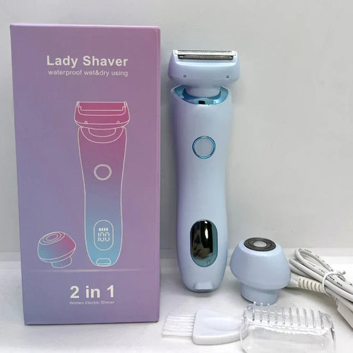 2-in-1 electric bikini trimmer for women, blue with charging cable and comb