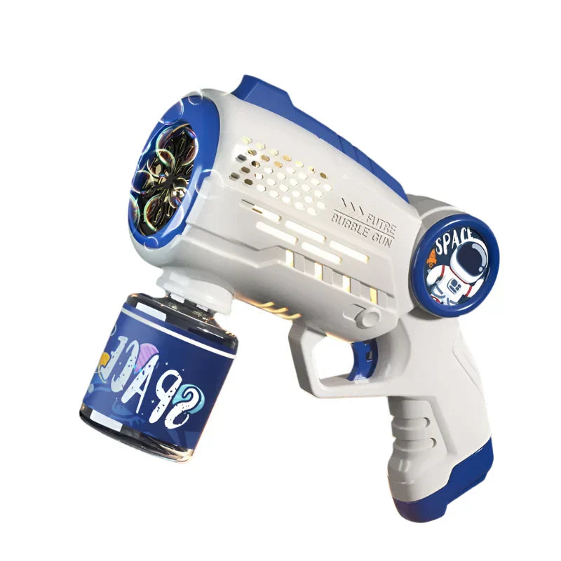 Kids astronaut bubble gun with white and blue body, front light and bubble bottle