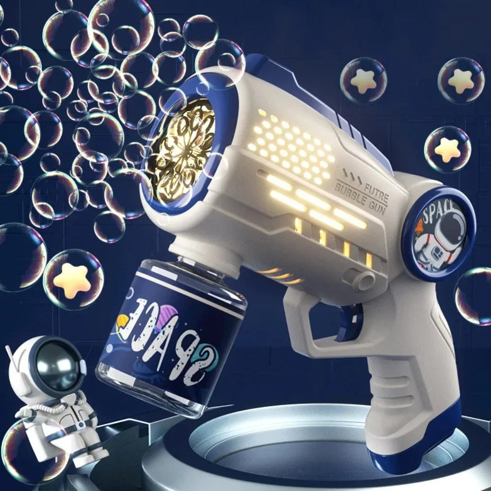 Kids astronaut bubble gun on base with blue accents and soap bubbles