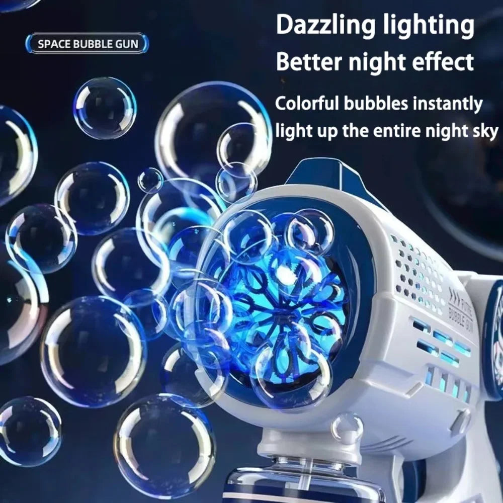 Kids bubble gun emitting bright blue light with floating soap bubbles