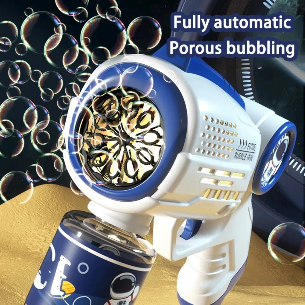 Kids bubble gun close-up with blue ring light and swirling soap bubbles