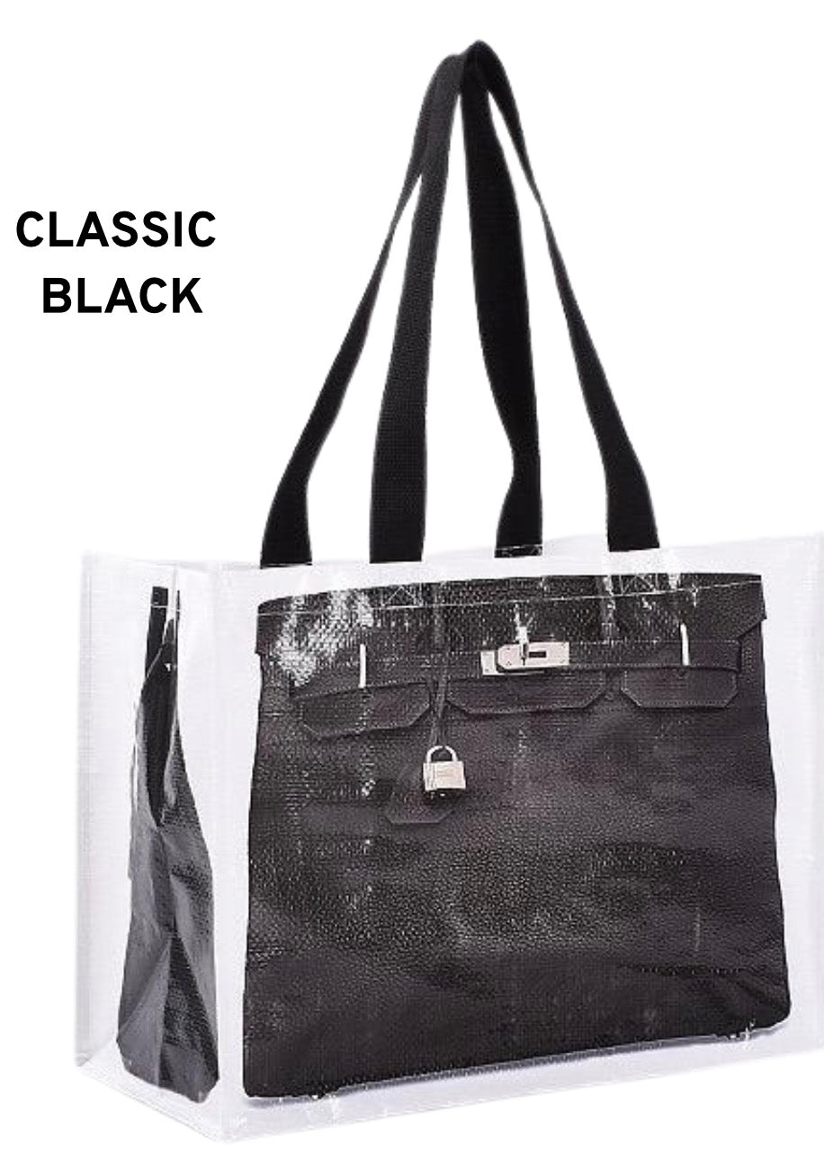 Classic black reusable tote bag with two top handles and textured front panel