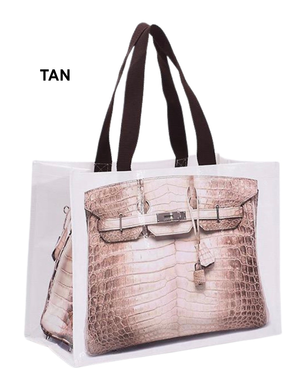 Tan reusable tote bag with two top handles and textured front panel
