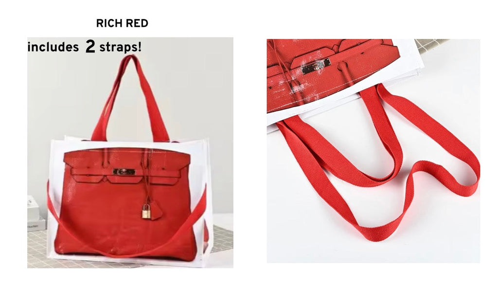 Red reusable tote bag with two top handles and front clasp detail
