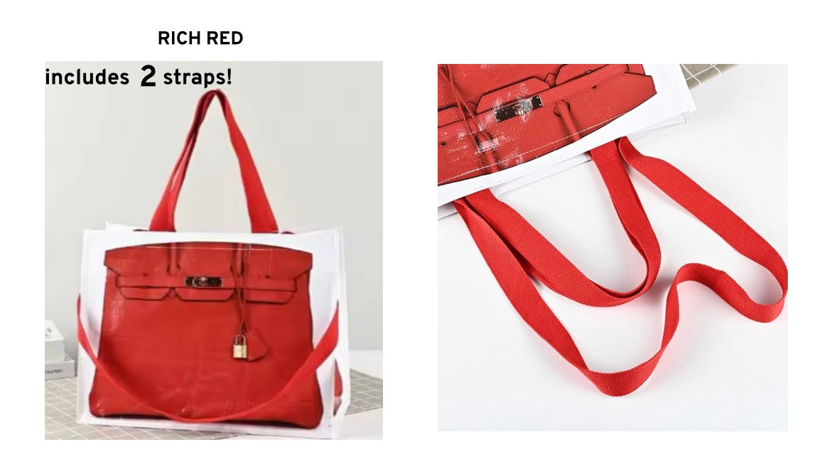 Red reusable tote bag with two top handles and front clasp detail