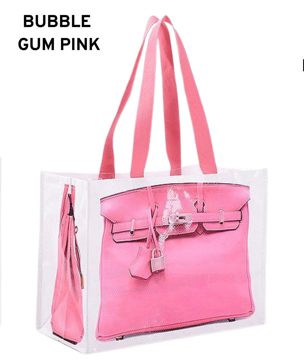 Bubble gum pink reusable tote bag with two top handles and textured front panel