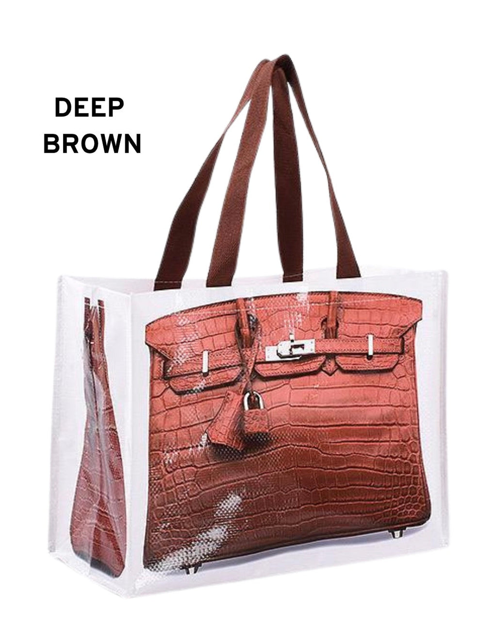 Deep brown reusable tote bag with two top handles and textured front panel