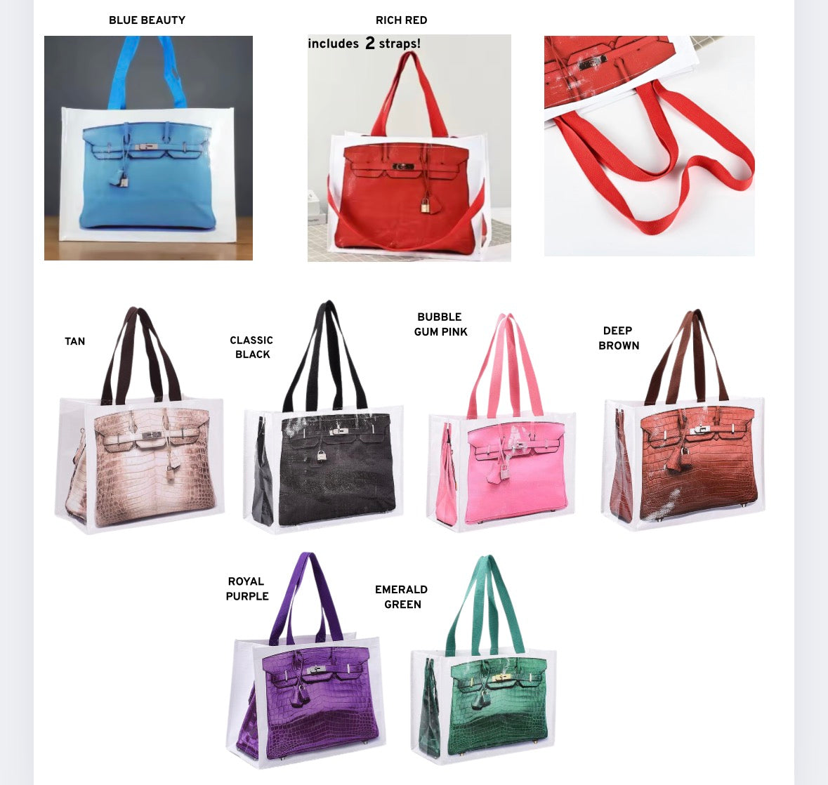 Assorted reusable tote colors shown: blue, red, tan, black, pink, brown, purple, green