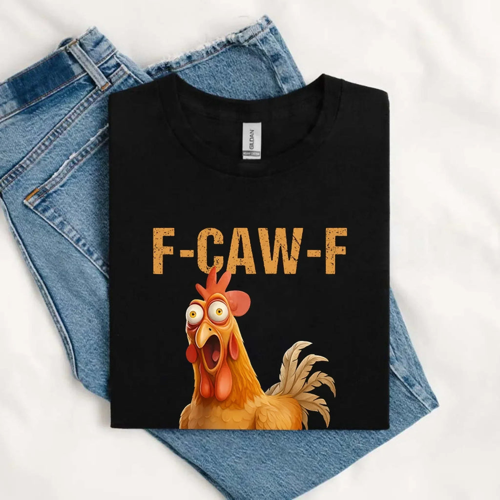 Black unisex T-shirt flat lay with F-CAW-F rooster graphic