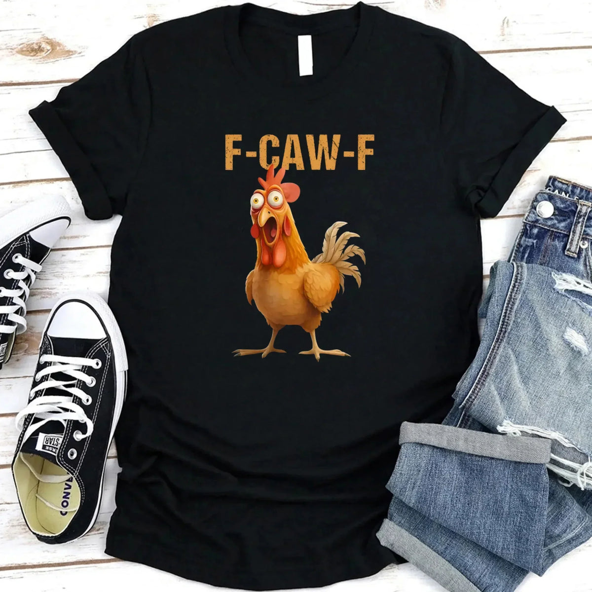 Black unisex T-shirt with orange rooster graphic and F-CAW-F text on chest