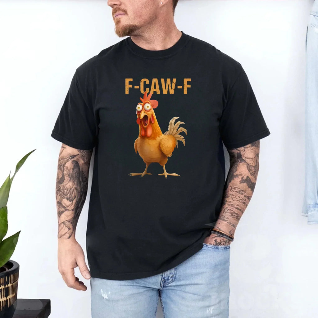 Black unisex T-shirt with F-CAW-F rooster graphic, short sleeves