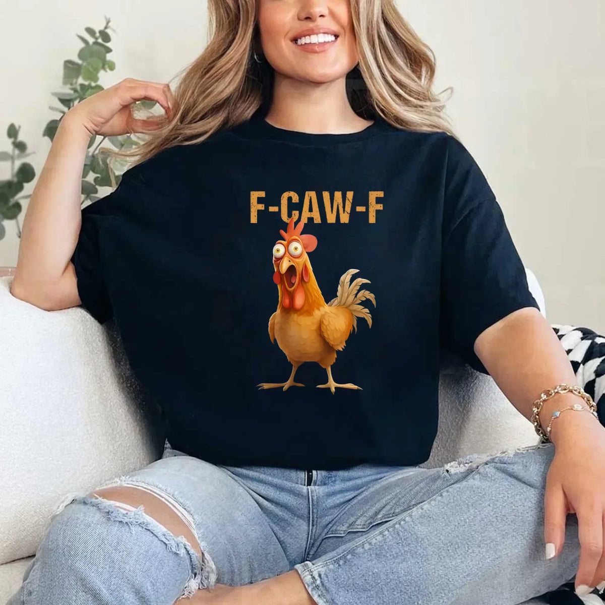 Dark blue unisex T-shirt with orange rooster and F-CAW-F lettering