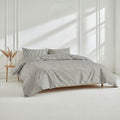 Sateen bedding set with gray and white vertical stripe duvet and matching pillows