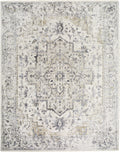 Cream traditional medallion area rug with distressed navy-gray pattern, border design