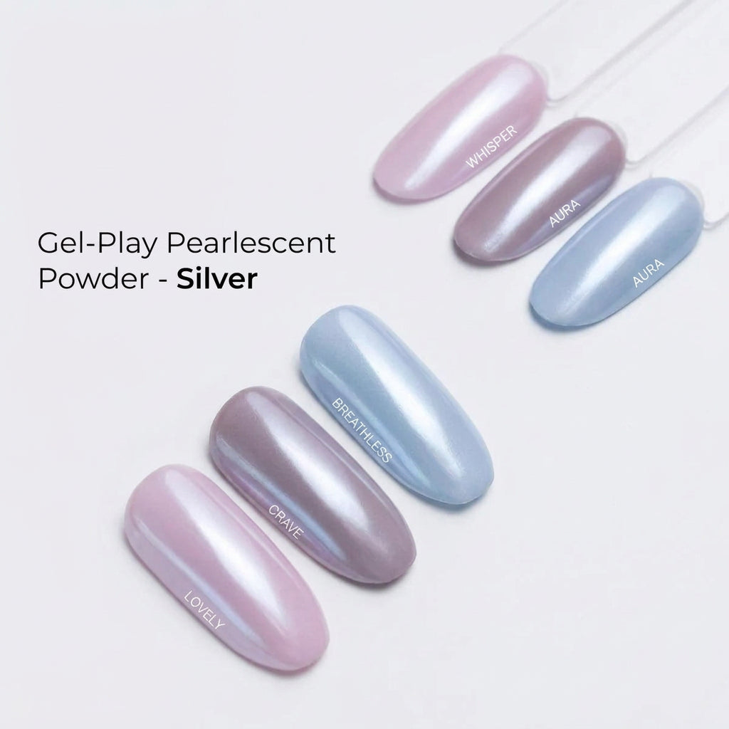 Silver pearlescent gel-play manicure on fingers with glossy metallic nail finish