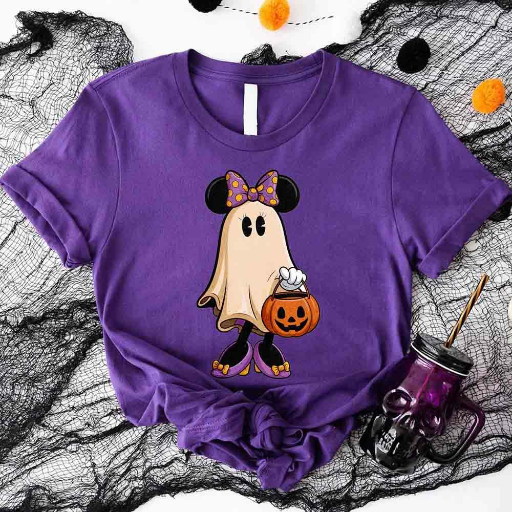 Purple Halloween ghost cartoon T-shirt with pumpkin bucket graphic at center