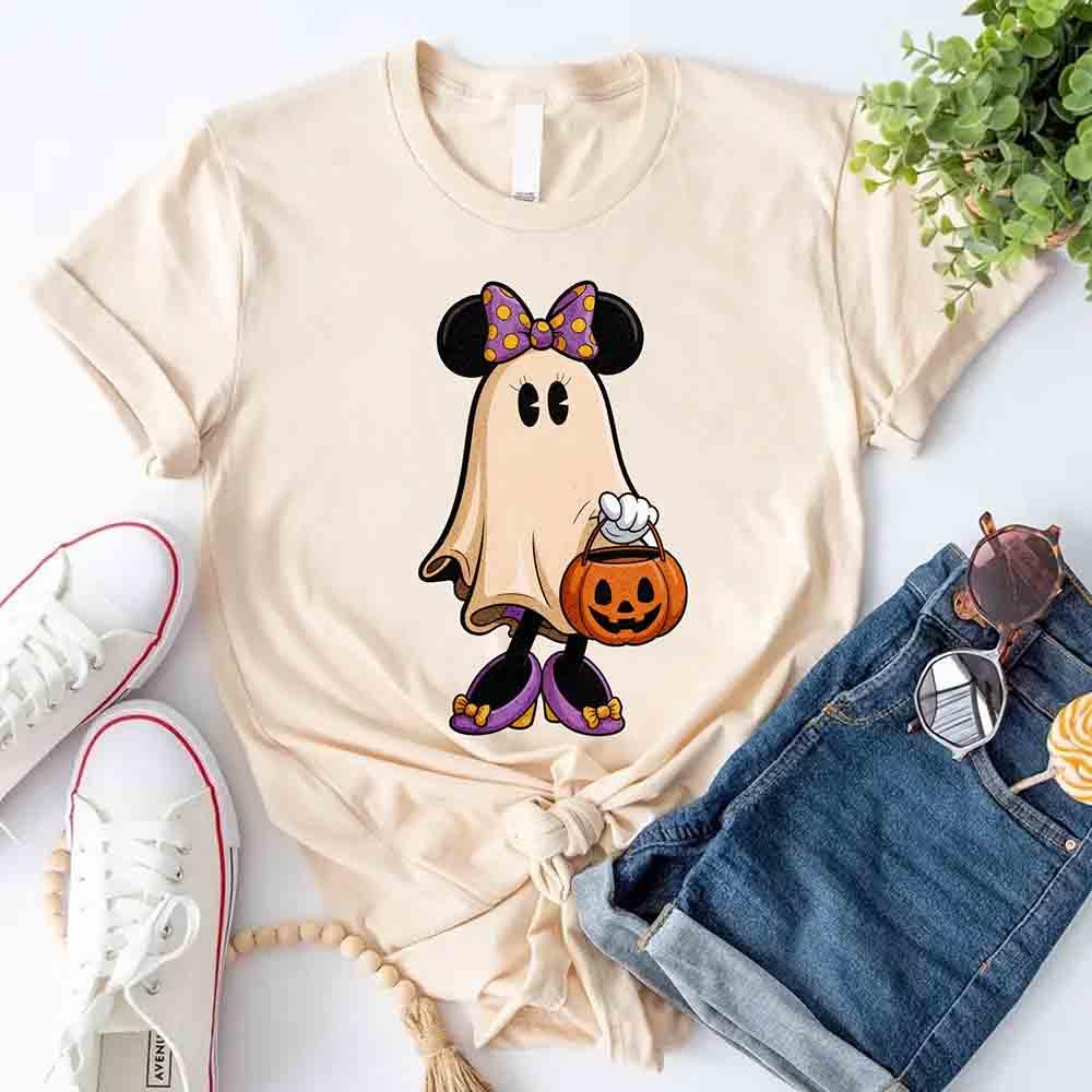 Cream Halloween ghost cartoon T-shirt with pumpkin bucket graphic at center