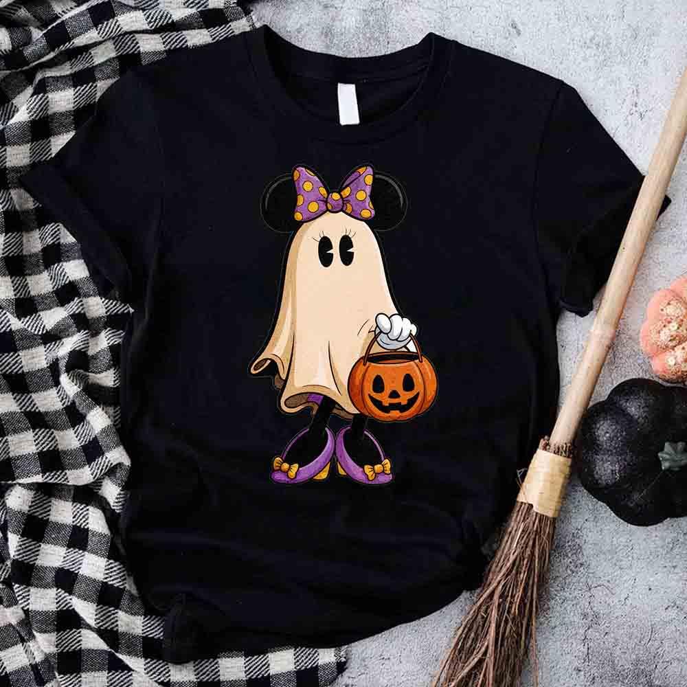 Black Halloween T-shirt with cute ghost holding orange jack-o'-lantern bucket