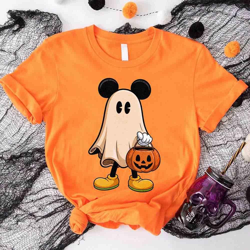Orange Halloween ghost cartoon T-shirt with pumpkin bucket graphic at center