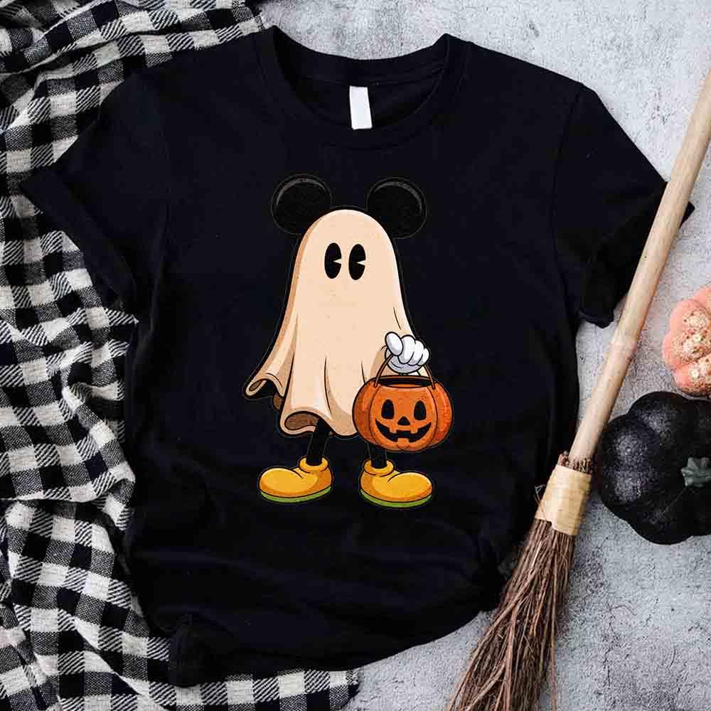 Black Halloween ghost cartoon T-shirt with pumpkin bucket graphic at center