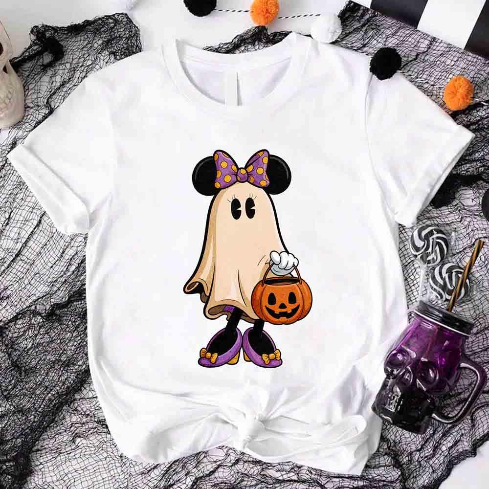 White Halloween T-shirt with cute ghost holding orange jack-o'-lantern bucket
