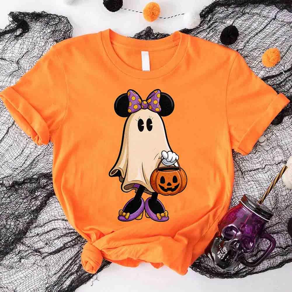 Orange Halloween ghost cartoon T-shirt with pumpkin bucket graphic at center