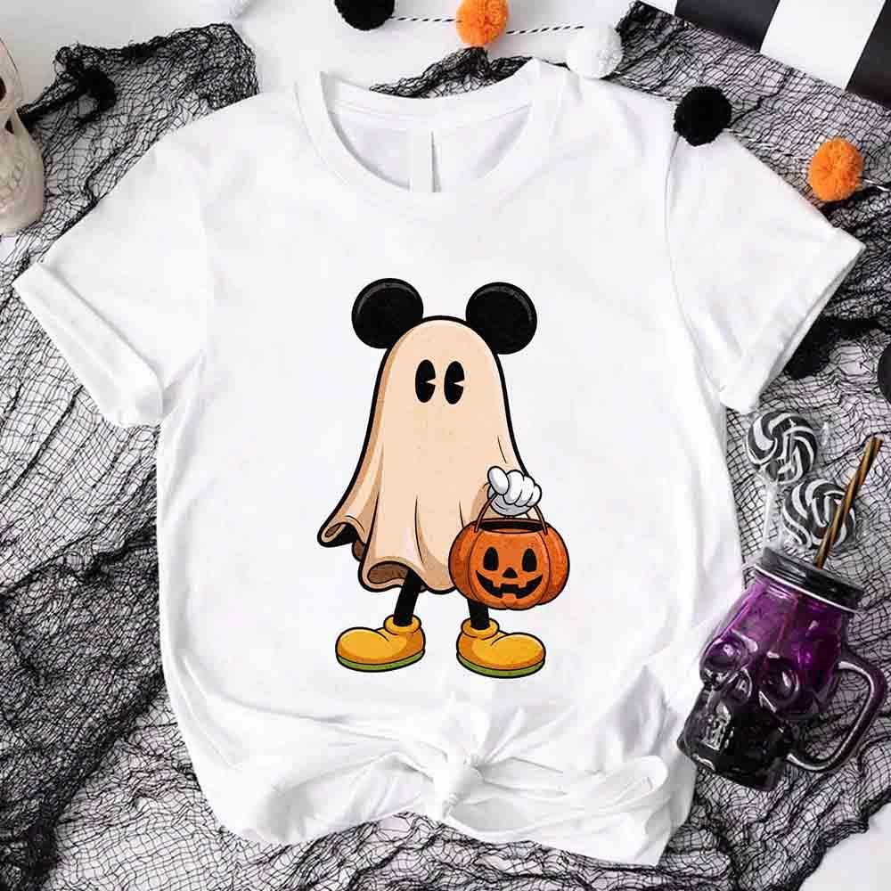 White Halloween ghost cartoon T-shirt with pumpkin bucket graphic at center