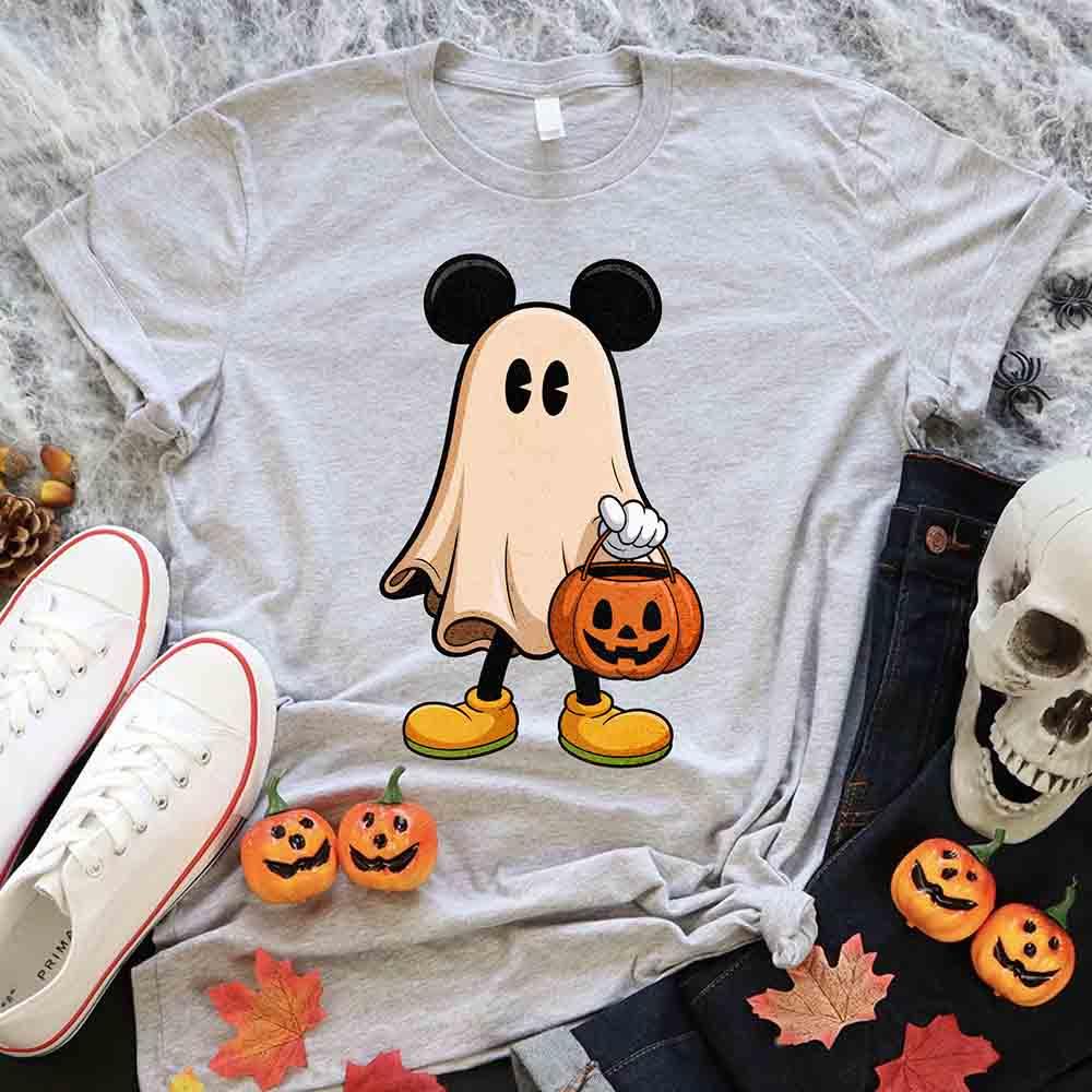 Light gray Halloween ghost cartoon T-shirt with pumpkin bucket graphic at center