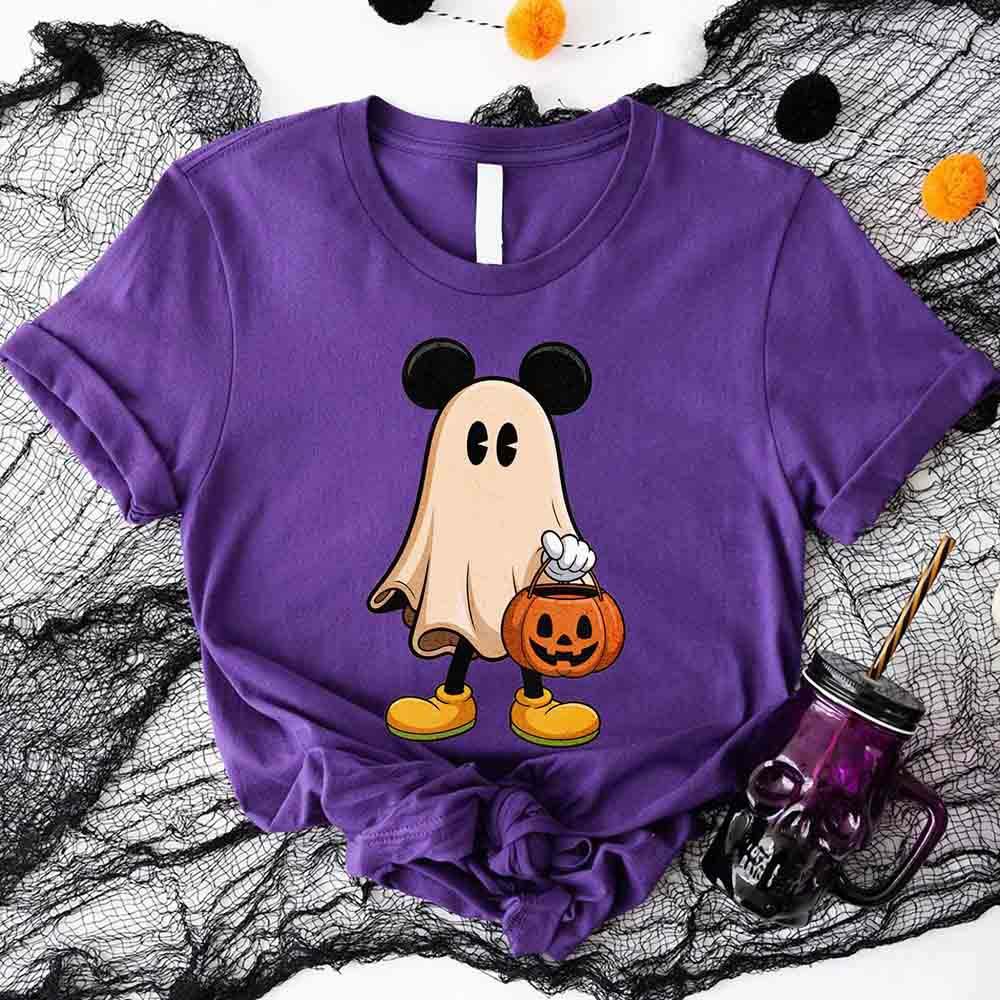 Purple Halloween ghost cartoon T-shirt with pumpkin bucket graphic at center