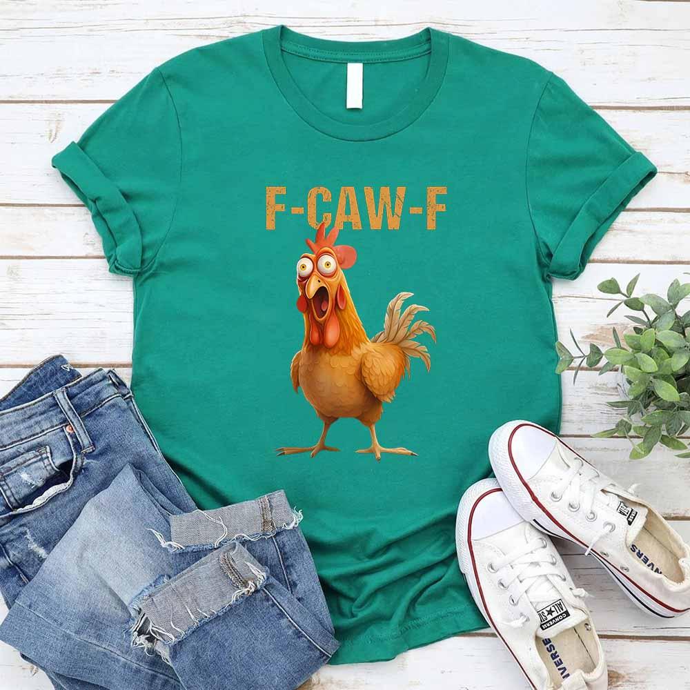 Green unisex T-shirt with F-CAW-F text and orange rooster graphic in front
