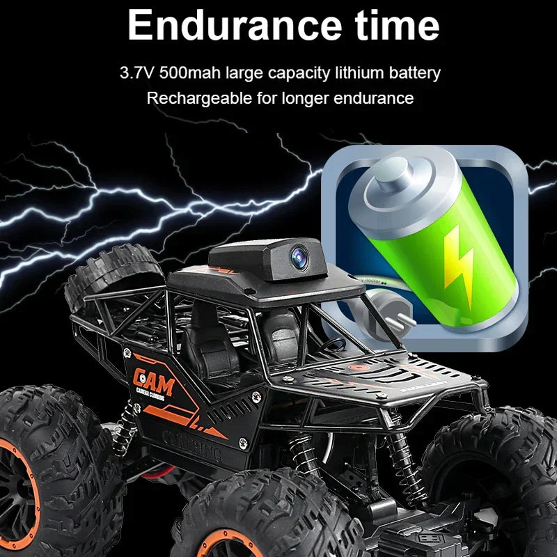 RC stunt SUV with HD camera module and orange-accented wheels, rugged black off-road tires