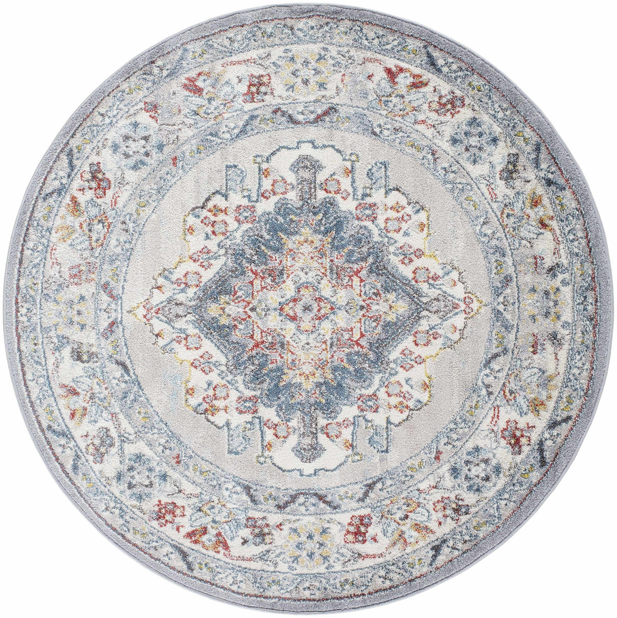 Round traditional area rug with central floral medallion and multicolor border