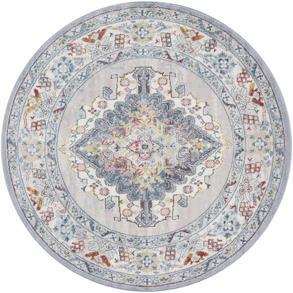 Round traditional area rug with central floral medallion and multicolor border