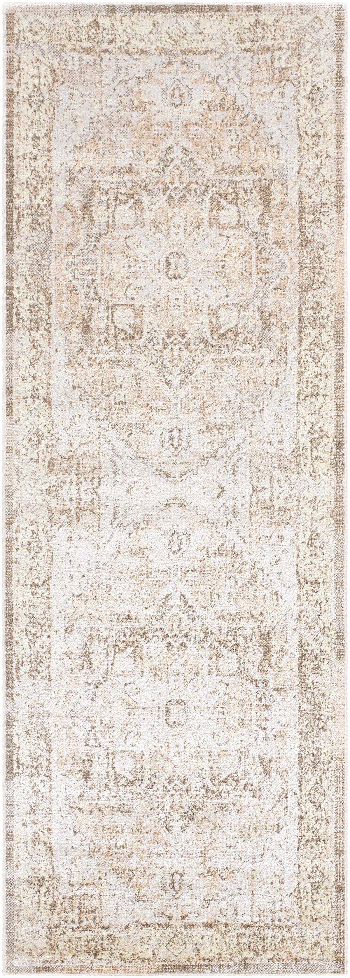 Hera machine-washable area rug with beige and tan traditional distressed look, border