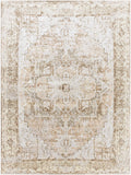 Hera machine-washable area rug in beige and tan traditional distressed pattern, bordered