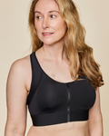 Black front-closure sports bra with racerback and center zipper detail