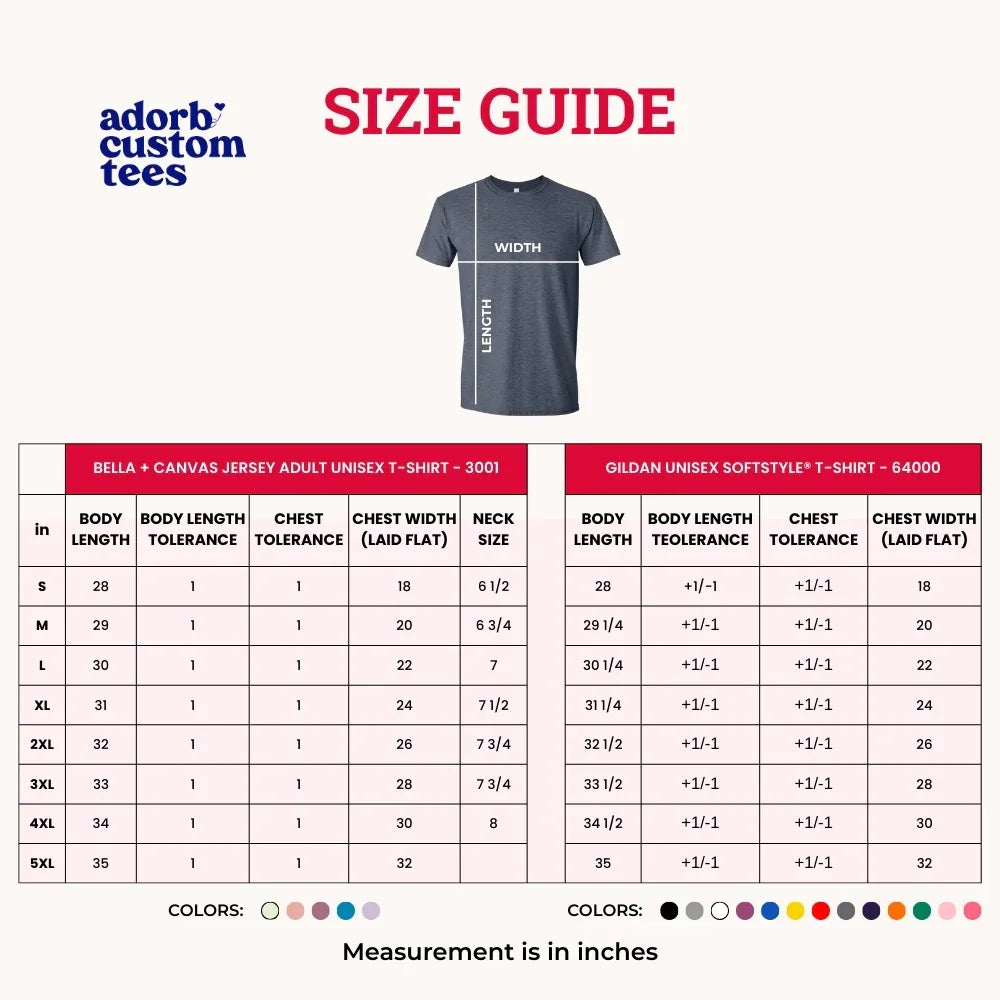 AdorB custom tees size guide chart with measurements for unisex T-shirt
