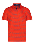 Red performance polo shirt with navy all-over bird print, short sleeves and button placket