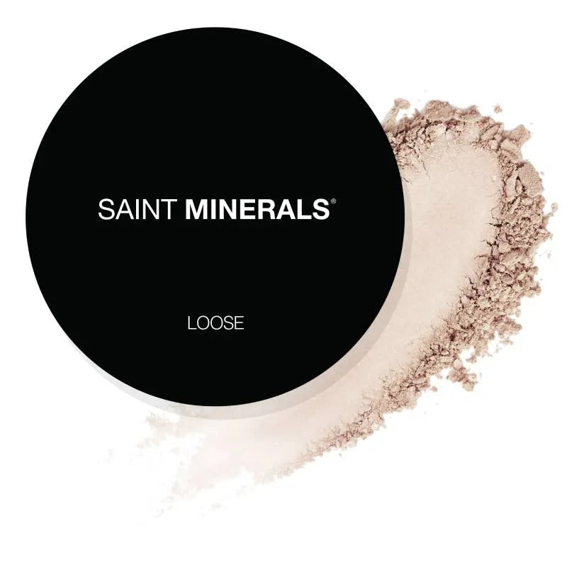 SAINT MINERALS Loose powder compact with light beige powder swatch.