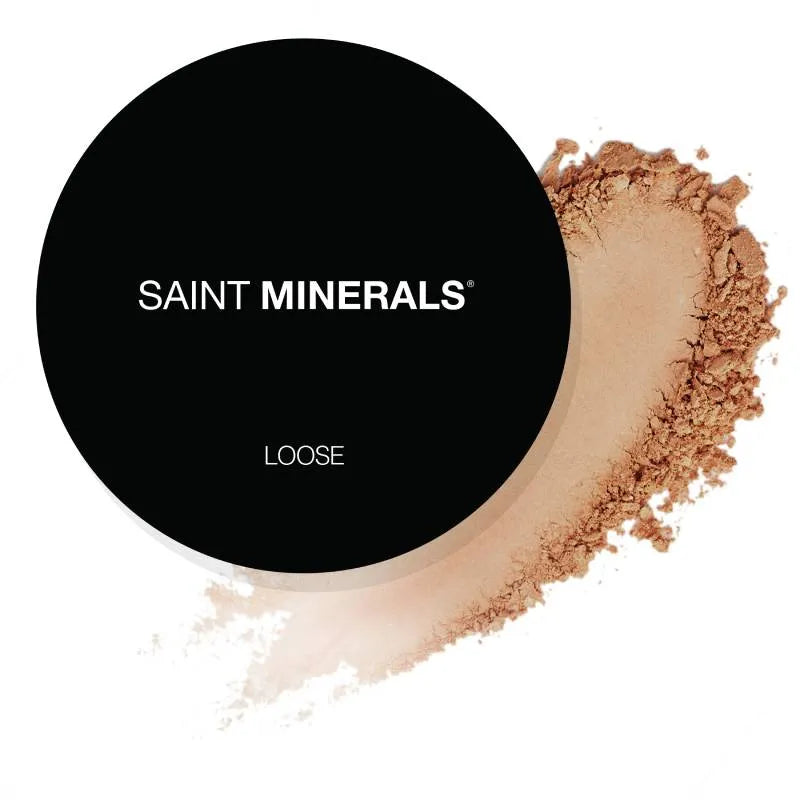 SAINT MINERALS Loose powder compact with brown powder swatch.