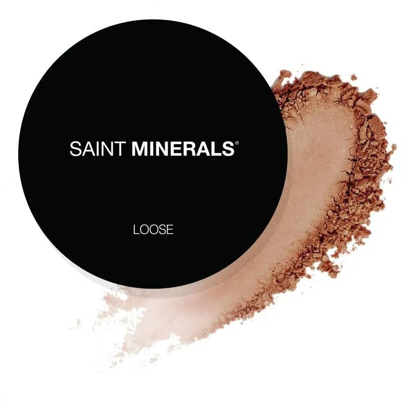 SAINT MINERALS Loose powder compact with rosy-brown powder swatch.