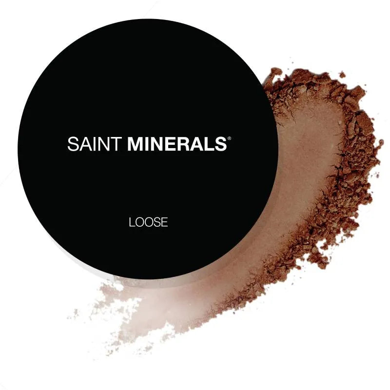 Loose powder compact with SAINT MINERALS label and brown powder swatch