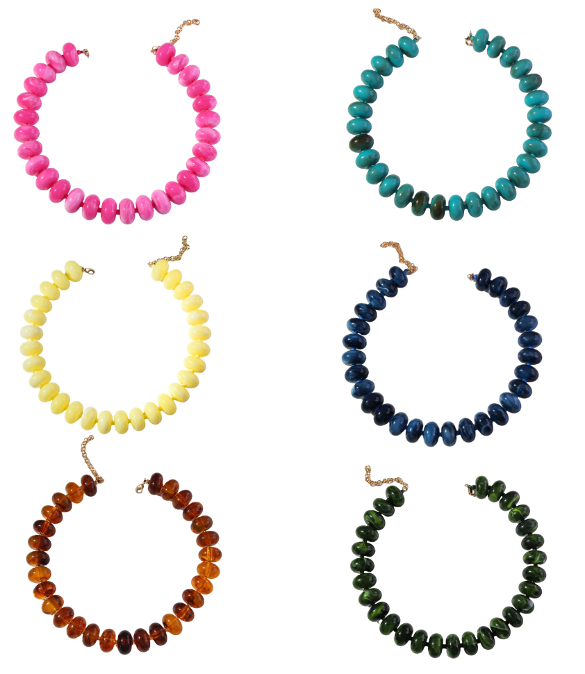 Beaded hoop necklaces in pink, turquoise, yellow, navy, amber, and green.