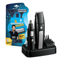 Hair and beard grooming trimmer set with disposable razors on a black base