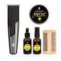 Men's beard grooming bundle: trimmer, beard oil bottles, balm tin, comb